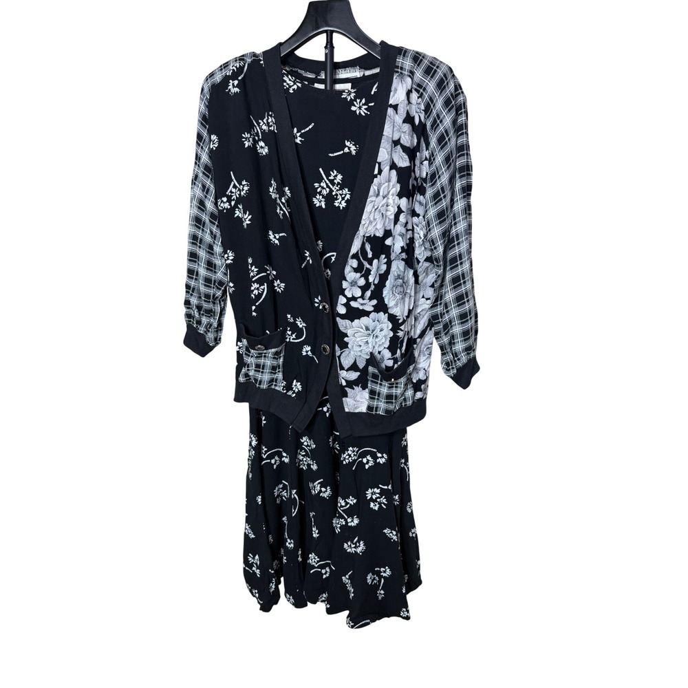 Peter Popovitch Vintage 90s 3 Piece Set Floral Plaid Black White Skirt Suit M